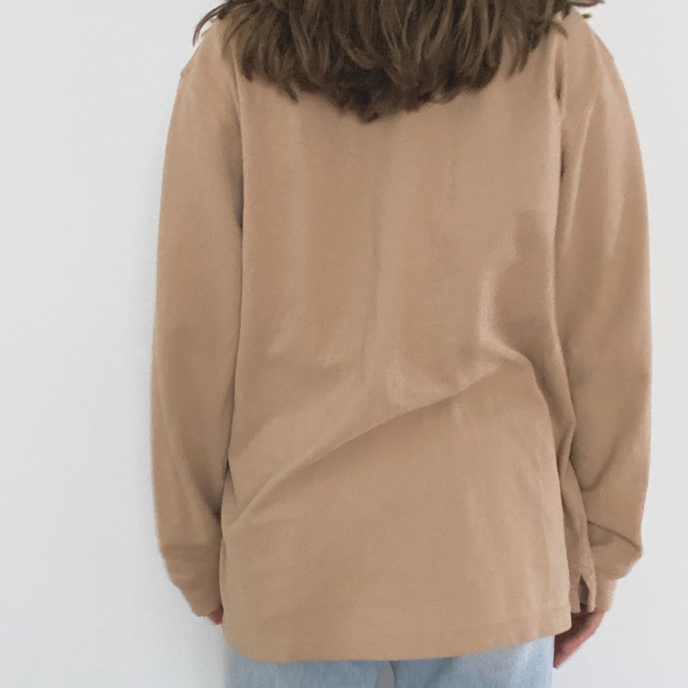 90s Oversized Tan Long Sleeve Polo Shirt with Denim Collar - Picture 7 of 8